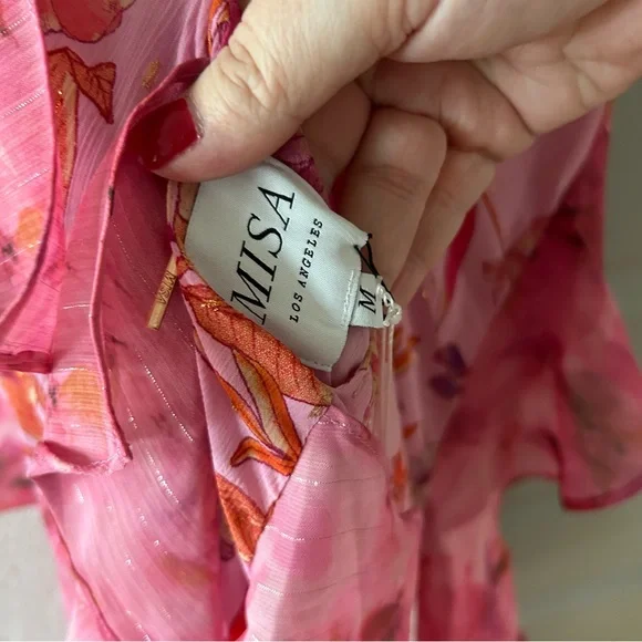 NWT MISA Damita Maxi Dress in Fire Florals Mix Pink Ruffle - Picture 8 of 10
